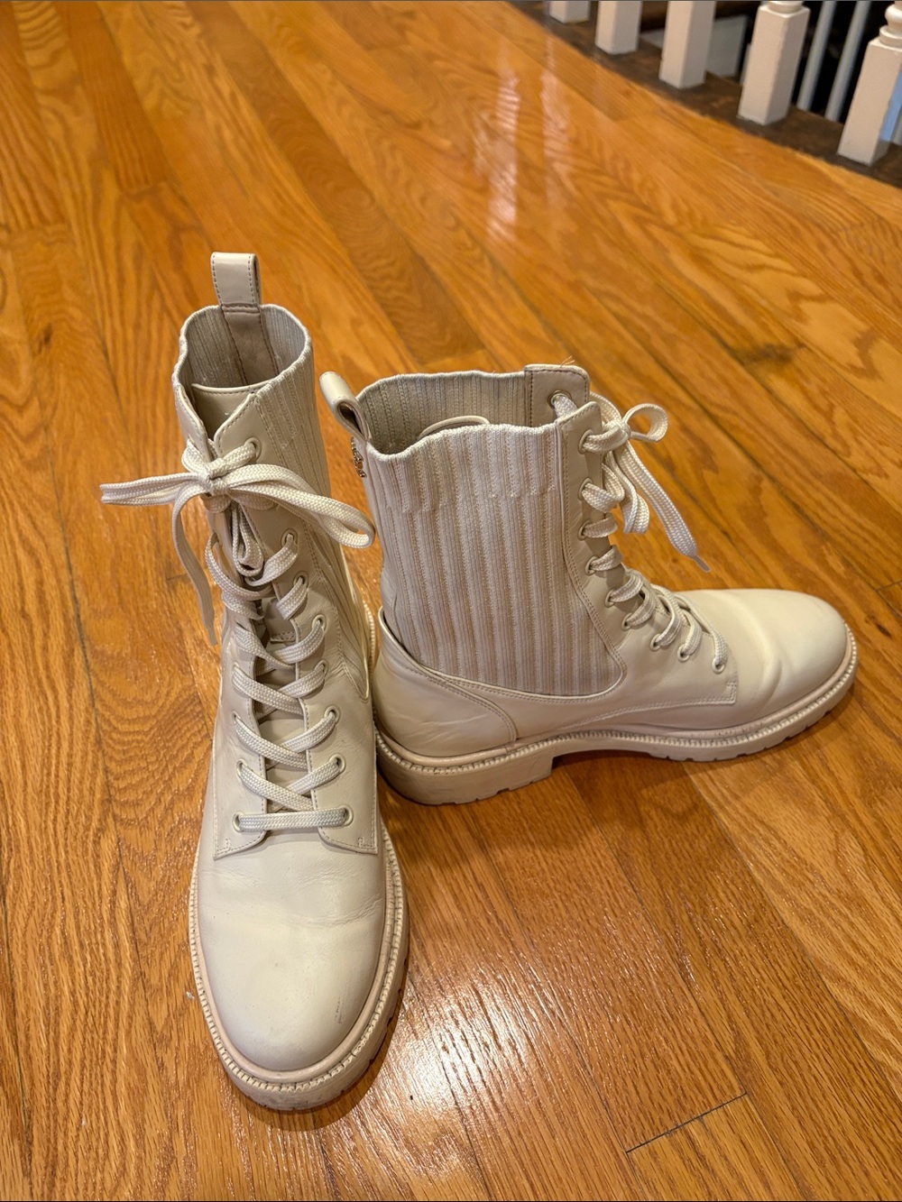 Sam Edelman Cream Lace-Up Ribbed Combat Boots